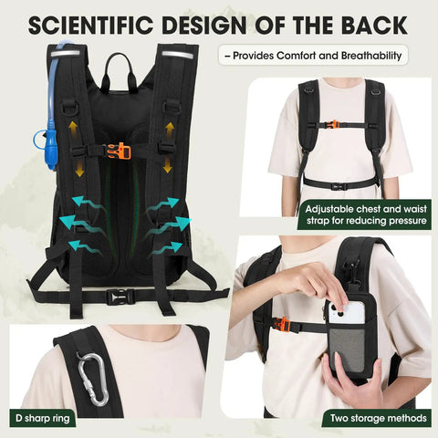 Lightweight Running Hydration Backpack With 2L Water Bladder for Trail Runs and Bike Rides, adjustable straps, back view