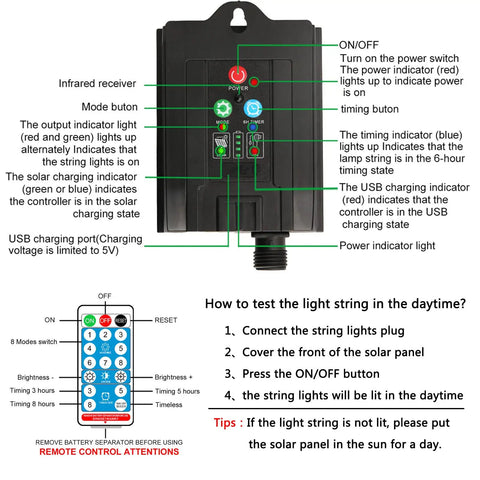 Remote and timer for Two Pack Solar Christmas String Lights With Remote And Timer, Each 105Ft Long With 300 LEDs, Outdoor Waterproof