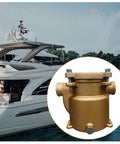 Bronze Seawater Filter For Boats And Yachts With High Efficiency Debris Removal beside a yacht, 1.5-inch size shown