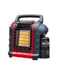 Portable Propane Heater With 9,000 BTU Radiant Heat For Indoor Or Outdoor Use Heats About 225 Sq Ft Emergency Low Oxygen Safety Two Heat Settings Runs Up To 5.4 Hours On Low And 2.4 Hours On High With 1 Lb Cylinder, red and black compact design with propane bottle