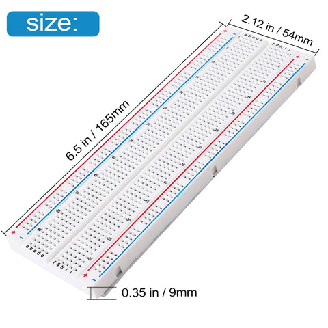 Image of Ultimate Solderless Breadboard Kit Set, showing dimensions and size of 830-point board for fast prototyping.