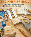 Kid Safe Wood Carving Starter Kit With Round Tip Safety Knives, Cut Resistant Gloves, Tape, And Storage Bag shown with tools and stencils