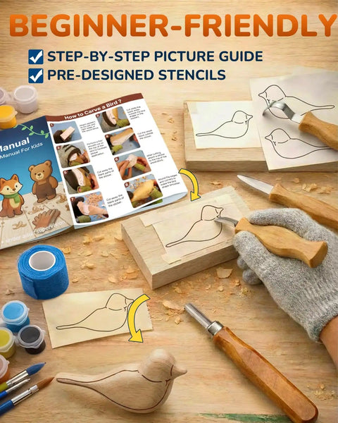 Kid Safe Wood Carving Starter Kit With Round Tip Safety Knives, Cut Resistant Gloves, Tape, And Storage Bag shown with tools and stencils
