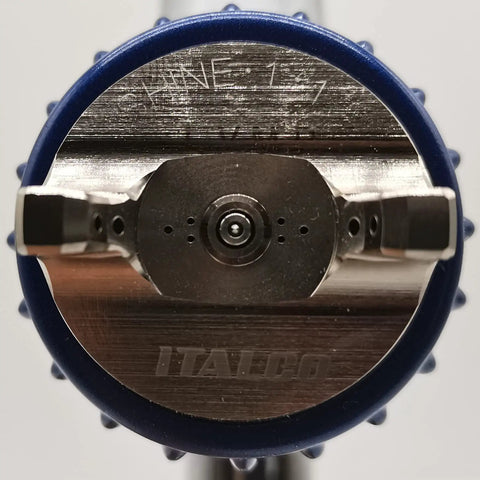 Close-up of spray nozzle on LVMP Spray Gun Pro Grade Workhorse With 1.3mm Tip And 600ml Cup Feed, Ergonomic Palm Fit Handle, Embedded Trigger