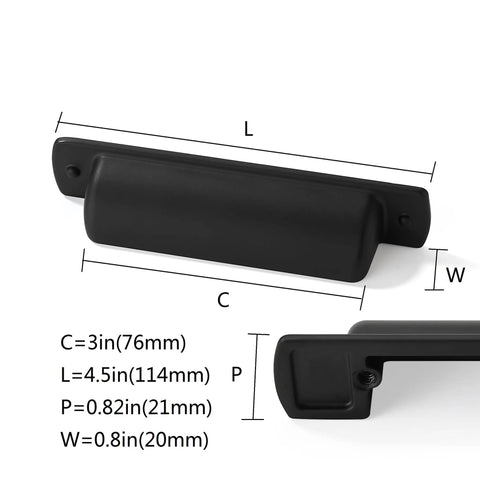 Diagram of Six Pack Matte Black Cup Drawer Pulls 3 Inch Center To Center Cabinet Hardware with dimensions and measurements.