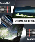 Beast Mode Bright Type C Rechargeable Flashlight with zoomable design, illuminating night landscape, rugged aluminum body