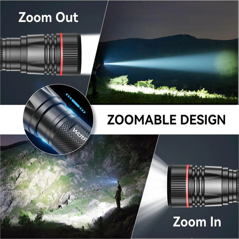 Beast Mode Bright Type C Rechargeable Flashlight with zoomable design, illuminating night landscape, rugged aluminum body