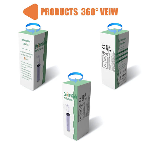 360-degree view of 90mm By 42mm Heavy Duty Go To Motor Run Capacitor packaging