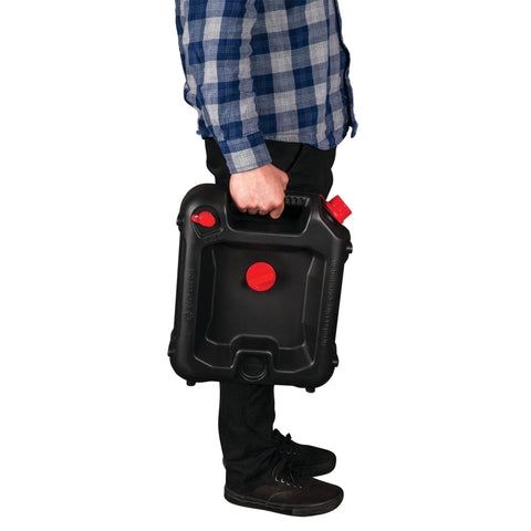 Person holding 10-Quart Oil Drain Container With Deep Drain Well, Integrated Handle, And Sealing Rubber Gaskets, Black Finish, standing