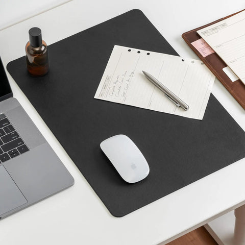 Leather Desk Blotter Pad 17 By 12 Inches Flat Non Slip Waterproof Black With Velvet Back Non Glare Surface for writing desk setup