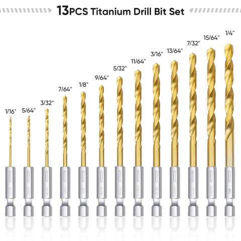 Titanium Coated Drill Bit Set With Hex Shank And 135 Degree Tip High Speed Steel Drill Bits Kit For Steel Aluminum Copper And Soft Alloys One Sixteenth Inch To One Quarter Inch Durable Sharpness And Fast Chip Ejection