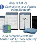 SensorPush HTP.xw temperature and humidity sensor (blue square) with Bluetooth gateway and app dashboards on tablets