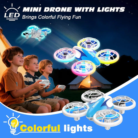 Kids Drone for Beginners with LED Light Show and Safe Propeller Guards, flying near children with remote controls