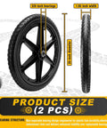 Side and front views of 20 Inch Flat Free Wheel Set For Wheelbarrows, Heavy Duty 600Lb Capacity, Direct Replacement with 5/8" bearings.