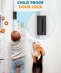 Heavy Front Door Lock For Kids Safety And Home Security Reinforcement With Four Long Screws Built To Handle Eight Hundred Pounds Keep Entryway Locked Down Tight While Ditching Flimsy Hardware Forever, showcased on a white door with a child and dog.
