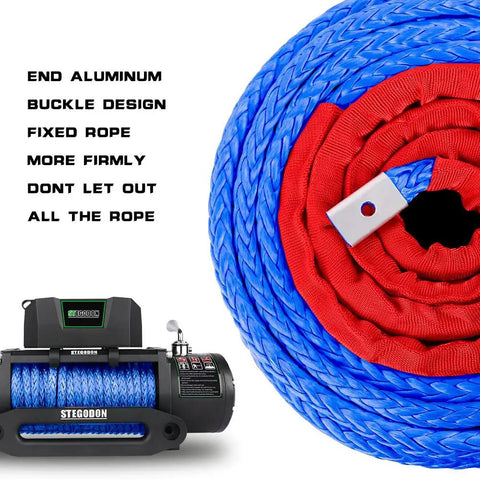 Beefy Synthetic Winch Rope 3/8 Inch By 100 Feet With Protective Sleeve, blue and red rope alongside winch system