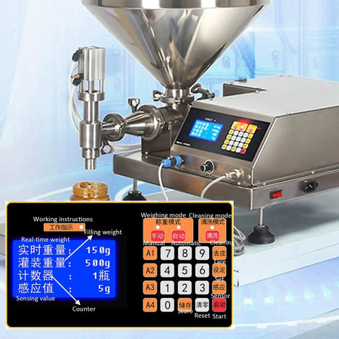 No Fuss Paste Filling Machine With Digital Display And Foot Switch Plug And Play Setup Smooth Operation Built Tough For Small Business Creams Honey And Jam showing touchscreen and dispensing nozzle.