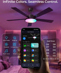 Smart 52 Inch Ceiling Fan with dimmable RGBCW lights, controlled via app, displaying color options.