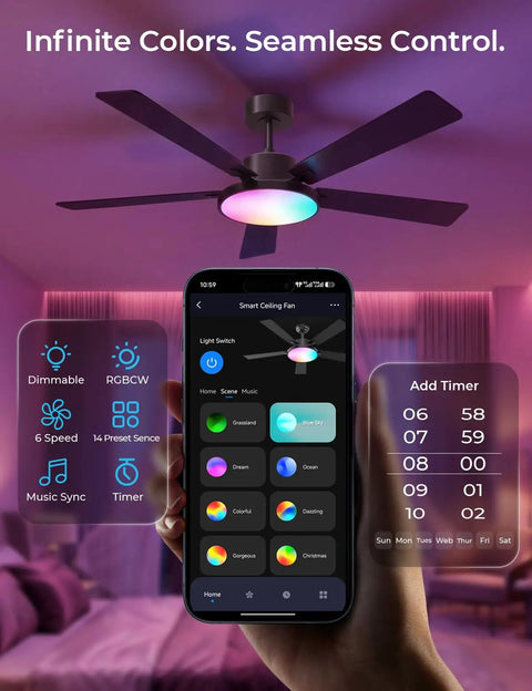 Smart 52 Inch Ceiling Fan with dimmable RGBCW lights, controlled via app, displaying color options.
