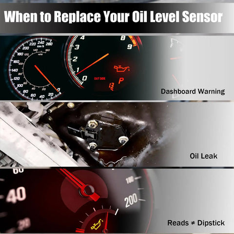 BMW Engine Oil Level Sensor Replacement Direct Fit For 2002-2015 1 Series 3 Series 5 Series 6 Series 7 Series Cars OE Replacement 12617607910 12610148464 12610400034 installed under engine showing oil leak and dashboard warning