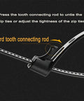 Close-up of releasable reusable 12 inch heavy duty zip ties black nylon cable ties showing tooth connecting rod mechanism.