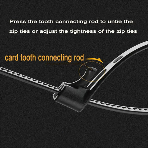 Close-up of releasable reusable 12 inch heavy duty zip ties black nylon cable ties showing tooth connecting rod mechanism.