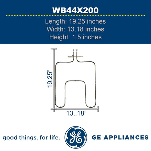 Lower Bake Element Replacement 240V 3100 Watts for Electric Ovens OEM Genuine Part WB44X200 with dimensions shown