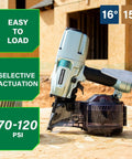 Pro Siding And Light Framing Coil Nailer For 16 Degree Wire Nails And 15 Degree Plastic Nails, Lightweight Pneumatic Nail Gun Weighing 5.7 Lbs For Quick Siding And Framing Jobs, NV75A5 placed on outdoor workspace