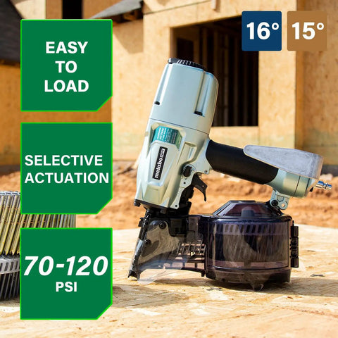 Pro Siding And Light Framing Coil Nailer For 16 Degree Wire Nails And 15 Degree Plastic Nails, Lightweight Pneumatic Nail Gun Weighing 5.7 Lbs For Quick Siding And Framing Jobs, NV75A5 placed on outdoor workspace