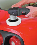 Person using Car Buffer Polisher For Detailing, 6 Inch Orbital Polisher With Variable Speed 2,500 To 6,800 OPM on red car