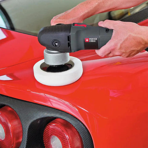 Person using Car Buffer Polisher For Detailing, 6 Inch Orbital Polisher With Variable Speed 2,500 To 6,800 OPM on red car