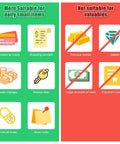 Infographic showing suitable items for Metal Cash Box With Key Lock And Money Tray and items not recommended for storage.