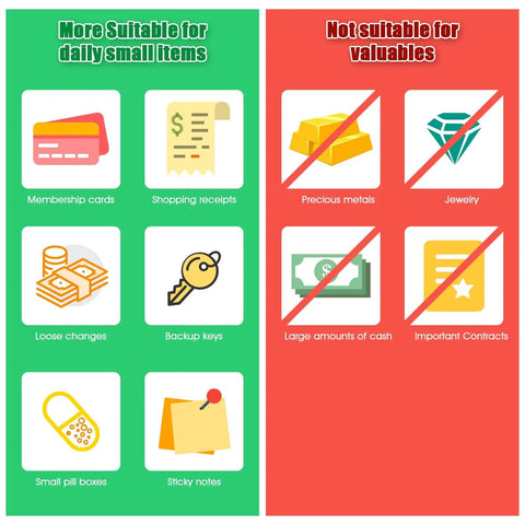 Infographic showing suitable items for Metal Cash Box With Key Lock And Money Tray and items not recommended for storage.