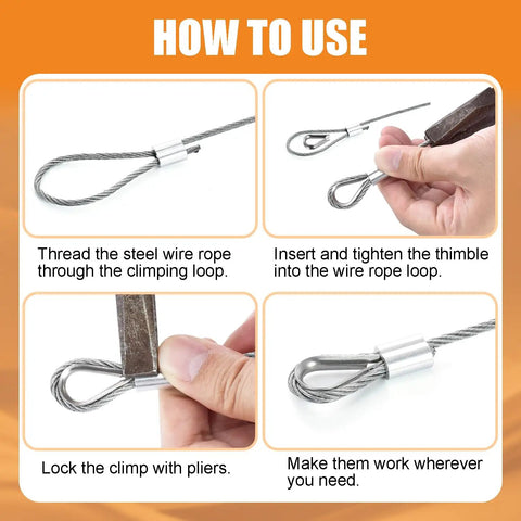 How to use 50 Pcs One Eighth Inch Stainless Steel Wire Rope Thimbles Set For Rigging Loops And Crimping Ferrules, show crimping steps