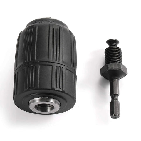 No Fuss Quick Swap 1/2 Inch Drill Chuck Adapter For Impact Drivers with keyless jaw and hex shank, ideal for masonry.