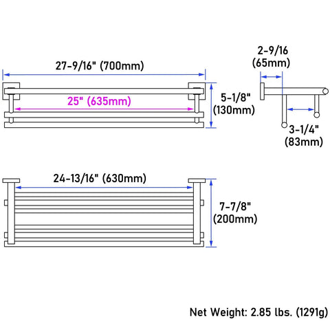 Technical drawing of Brushed Dark Gold Stainless Steel Towel Rack With Shelf For Bathroom SUS 304 Hand Towel Holder wall mount