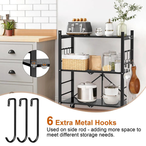 3 Tier Foldable Metal Storage Shelves With 6 Hooks And Wheels in kitchen with various items and utensils, sturdy black rack