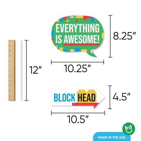 Awesome Funny Building Blocks Birthday Photo Booth Prop Kit Featuring Colorful Bricks Speech Bubbles And Arrow Signs For Super Dope Diy Party Setup Exactly Ten Pieces Chill Vibes showing a speech bubble and arrow sign measurements.