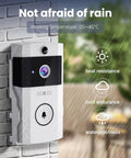 Wireless Wi-Fi Video Doorbell Camera With Two-Way Audio for Outdoor Front Door, white, installed on brick wall, in rain.