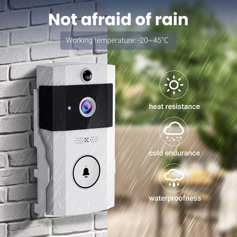 Wireless Wi-Fi Video Doorbell Camera With Two-Way Audio for Outdoor Front Door, white, installed on brick wall, in rain.