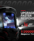 Welding Helmet With Panoramic 180 Degree View And True Color Auto Darkening featuring LED lights and six arc sensors.