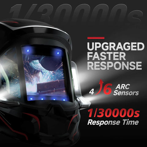 Welding Helmet With Panoramic 180 Degree View And True Color Auto Darkening featuring LED lights and six arc sensors.