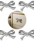 Pink And Silver Bow Dresser Knobs For Kids Rooms, Zinc Alloy 3D Decorative Drawer Pulls With Mounting Screws, 5 knobs and usage example