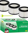 Three Pack Replacement Filter Cartridges 17810 for 3 to 4 Gallon Wet Dry Vacuums, Compatible With Models Prefix 113 Or 125, Includes One Small Cleaning Brush, Part 9-17810, with packaging displayed.