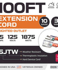 Lighted Outdoor Extension Cord 100 Ft Heavy Duty 10 Gauge 15 Amp 3 Conductor Orange Power Cable SJTW Weatherproof 3 Prong