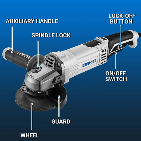 Four And A Half Inch Corded Angle Grinder With 7.5 Amp Motor Up To 12,000 RPM showing auxiliary handle and switches.