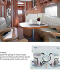 Interior of RV with focus on spring loaded door stop and lock catch pair with dual roller design for secure door position