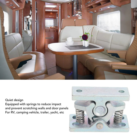 Interior of RV with focus on spring loaded door stop and lock catch pair with dual roller design for secure door position