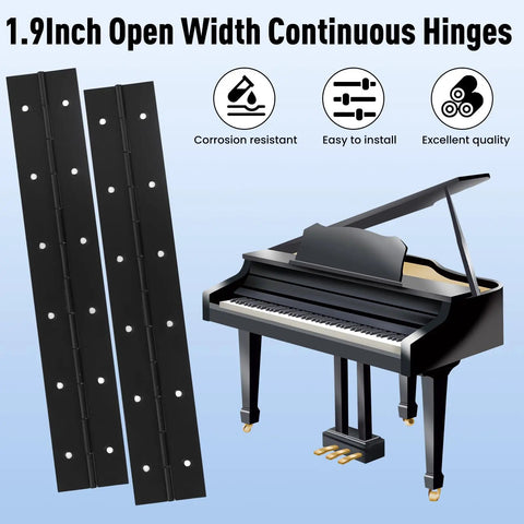 4 Pack 8 Inch Heavy Duty Piano Hinges Built Like A Tank For Rock Solid Cabinet Doors And Furniture Builds Featuring Smooth Black Stainless Steel Finish And Quick No Sweat Installation With All Screws shown next to a black piano.