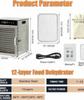 Heavy Duty Twelve Tray Food Dehydrator Featuring Locked In Temperature And Timer Settings For Crispy Fruit Tender Jerky Homemade Dog Treats And Easy Snacking with stainless steel design and accessory layout.
